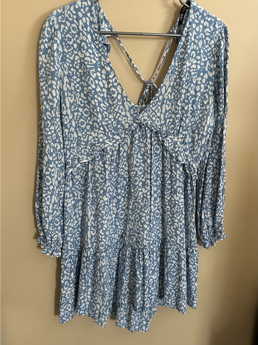 Zara Blue and White Mini/ Long sleeve Tiered V-Neck Ruffle Dress